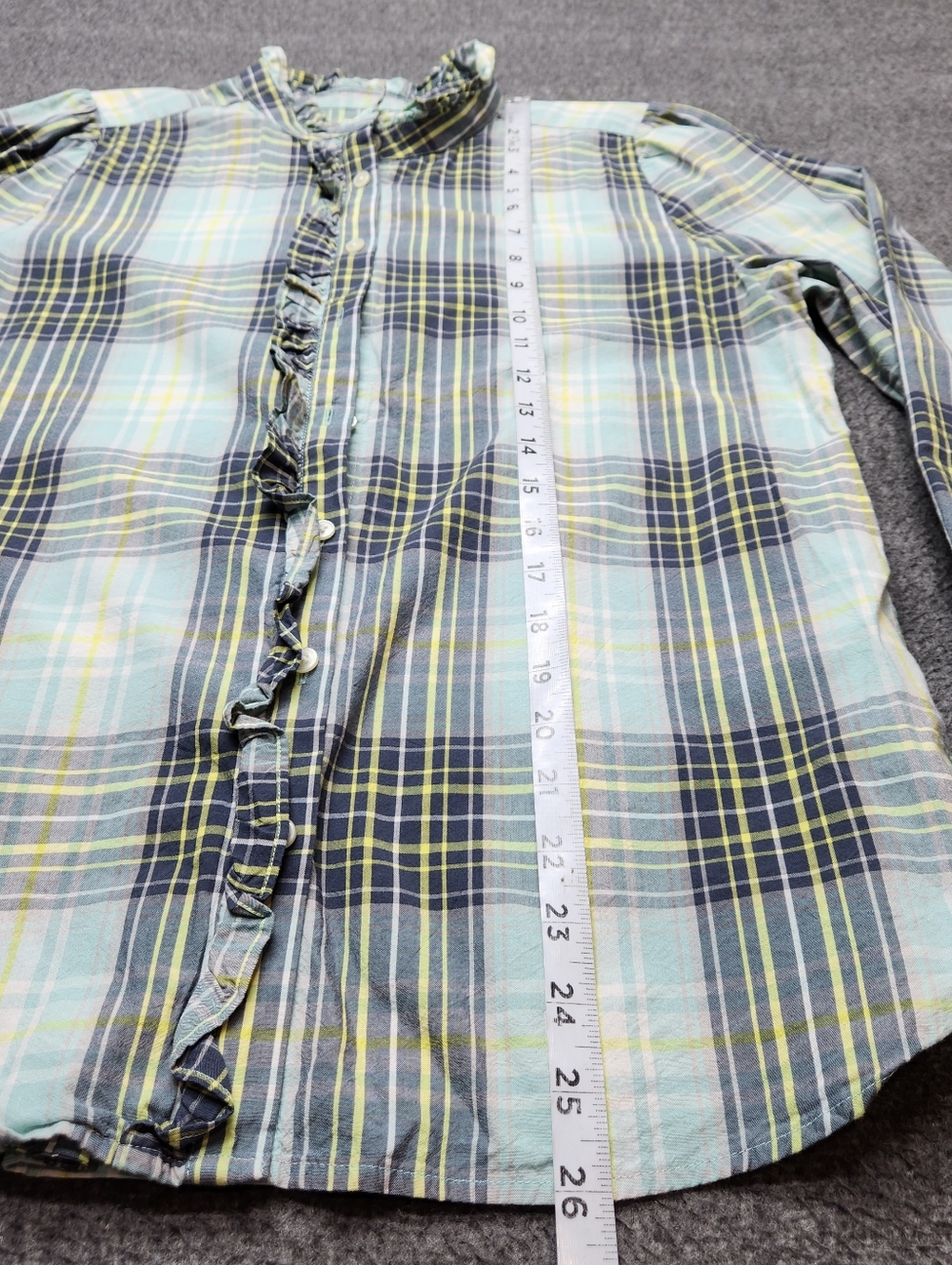 LOFT Plaid Ruffle Blouse Small Blue Yellow Cotton Modal Long Sleeve - Picture 2 of 7